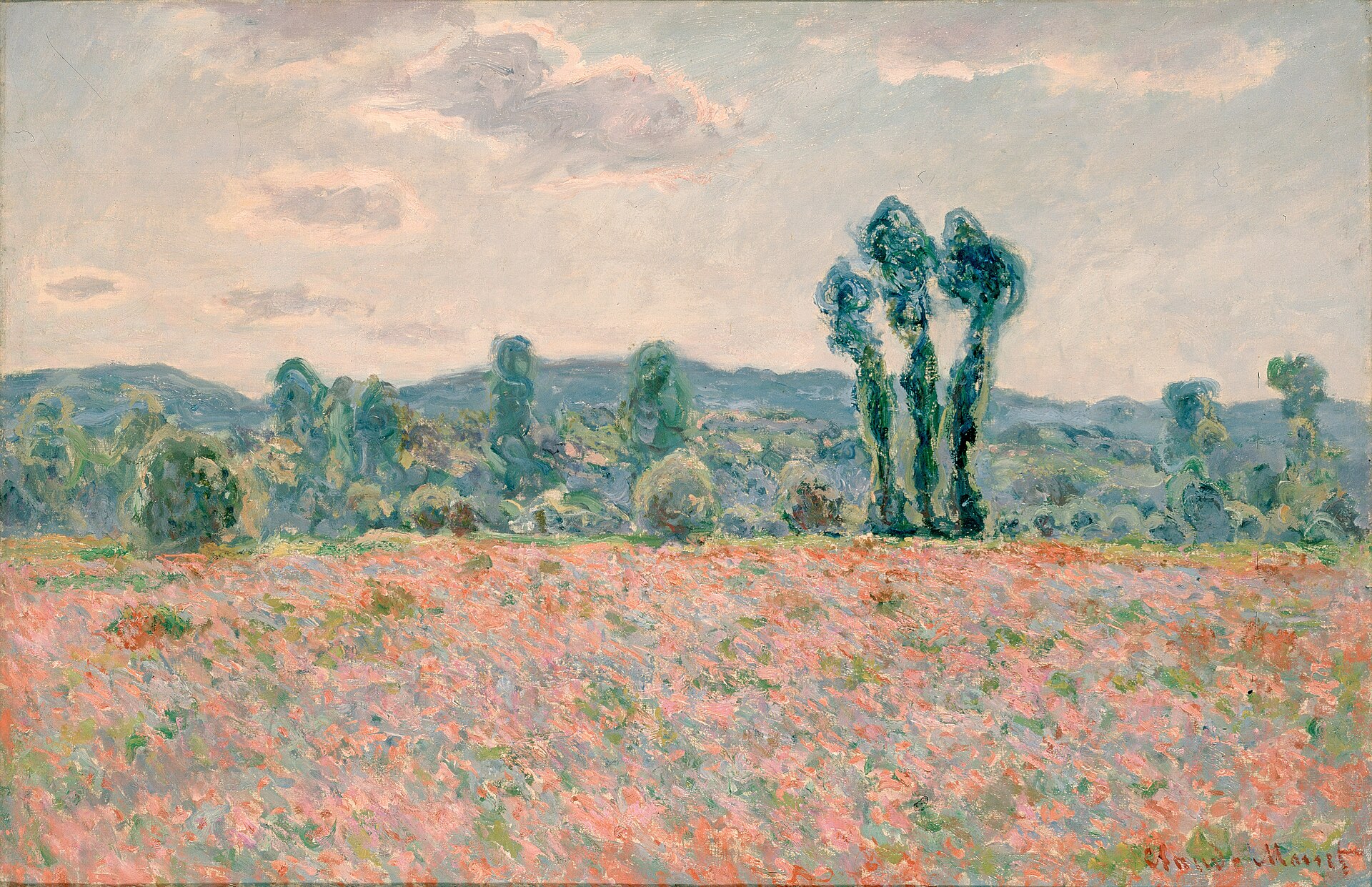 Claude Monet's Poppy Field, with figures walking through red flowers beneath a pale summer sky