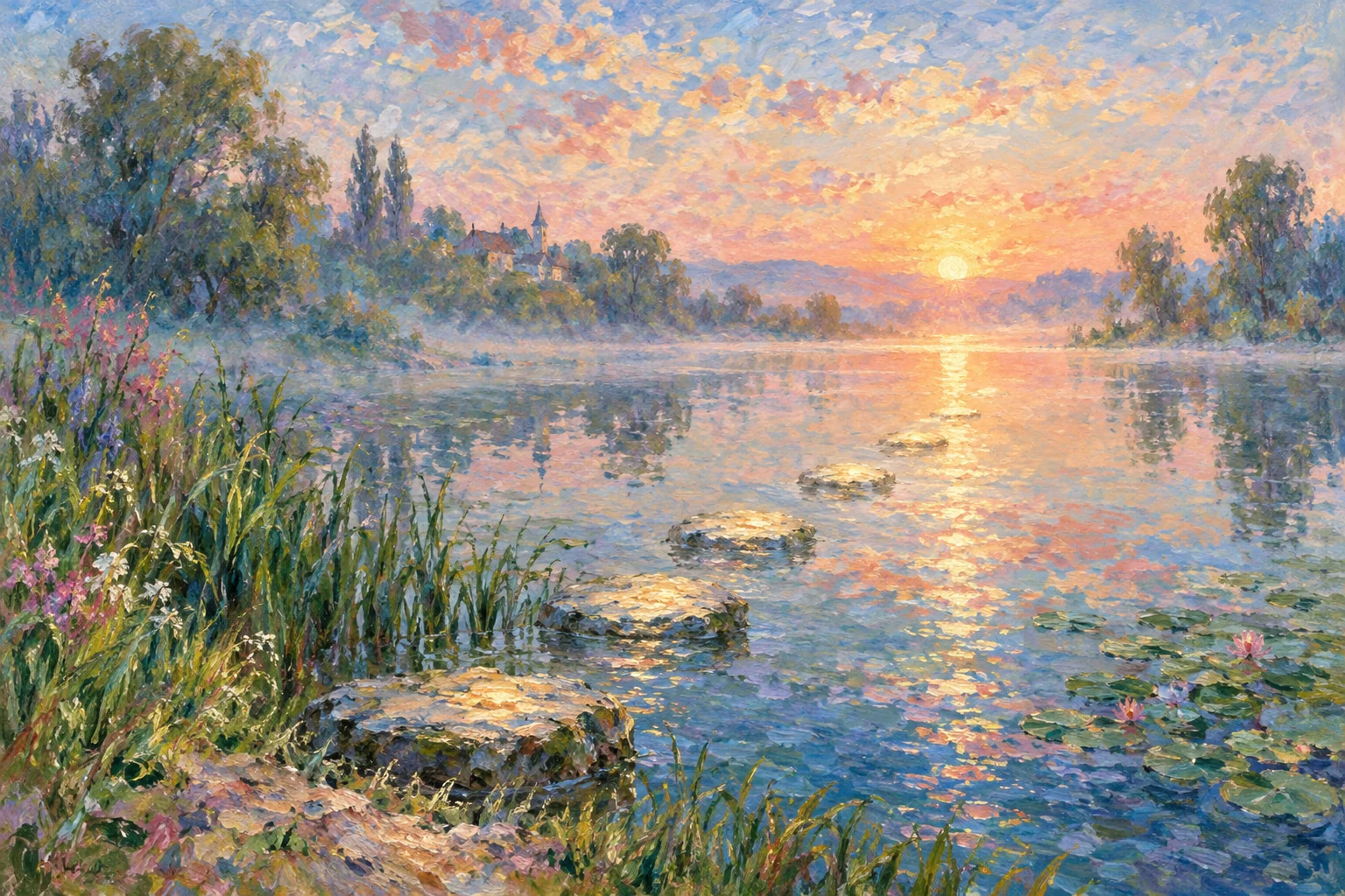 An Impressionist sunrise over a river, with stepping stones and reflected light leading toward the horizon.