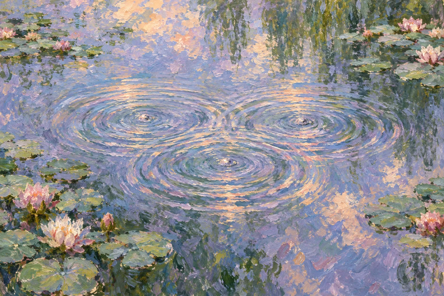An impressionist painting of three overlapping sets of ripples in a water-lily pond, with lavender, green, and golden reflections.